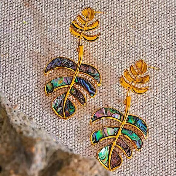 Boho Gold Iridescent Leaf Earrings Stainless Steel Gold Plated - Picture 11 of 11